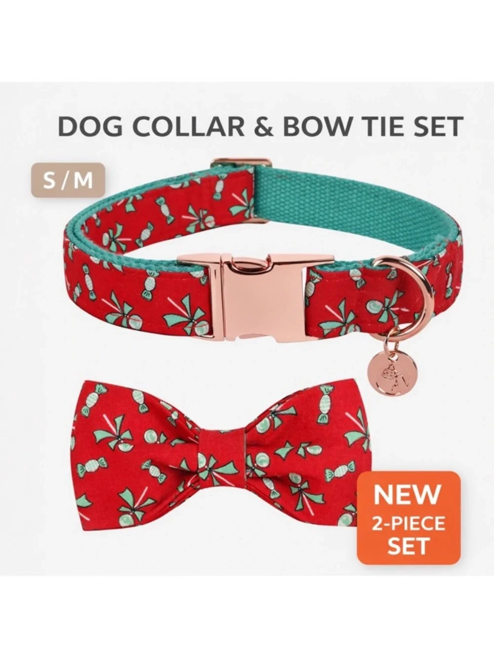 Red Candy Print Dog Collar S/M w Detachable Bow Tie Rose Gold NWT Cute